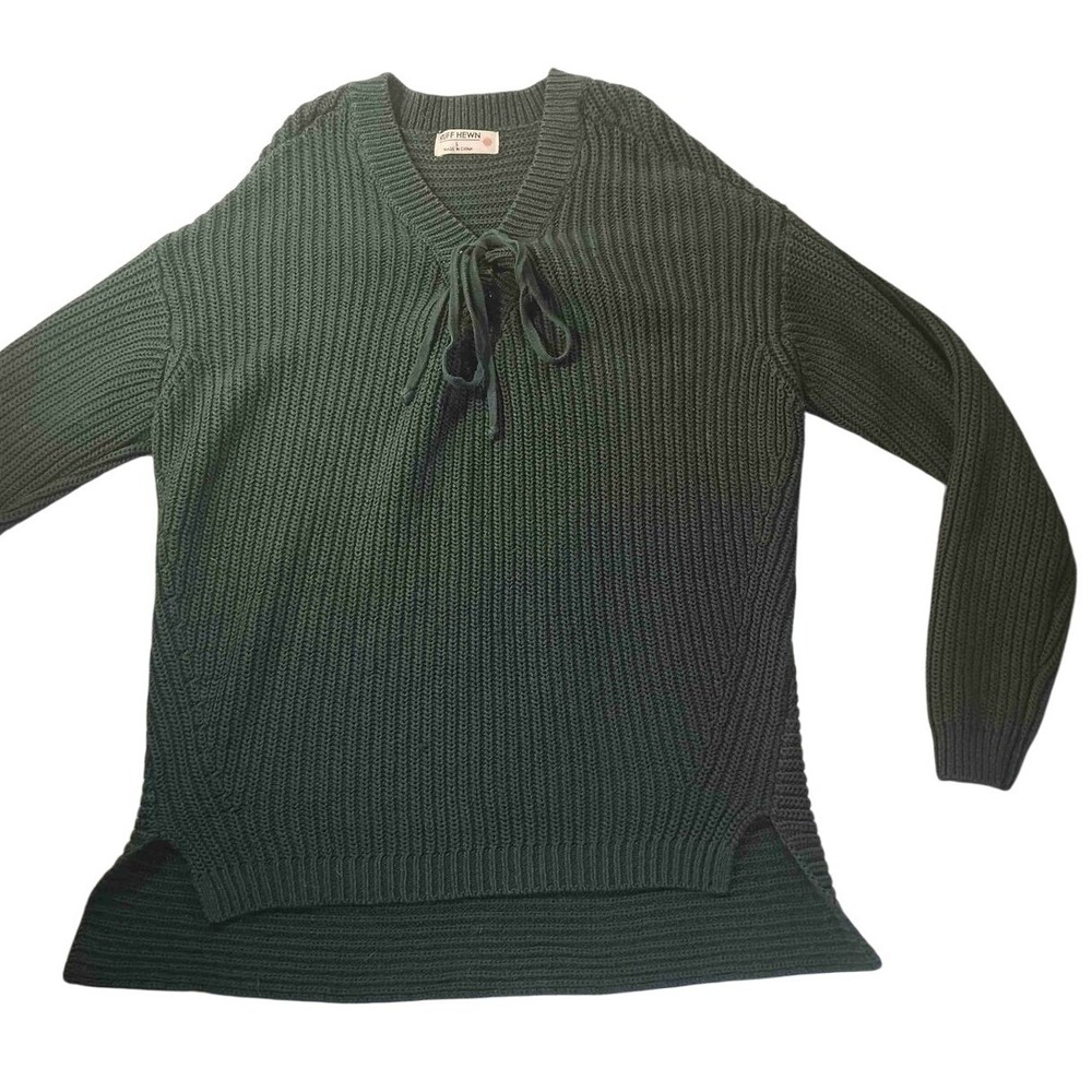 Ruff Hewn Ribbed Knit Sweater Women's L Green Tie Neck Cozy Academia Fisherman